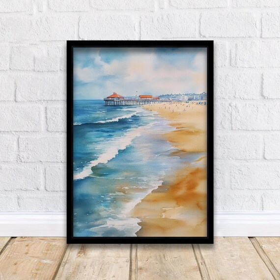 Huntington Beach California Pier Surf Watercolor Beach Poster