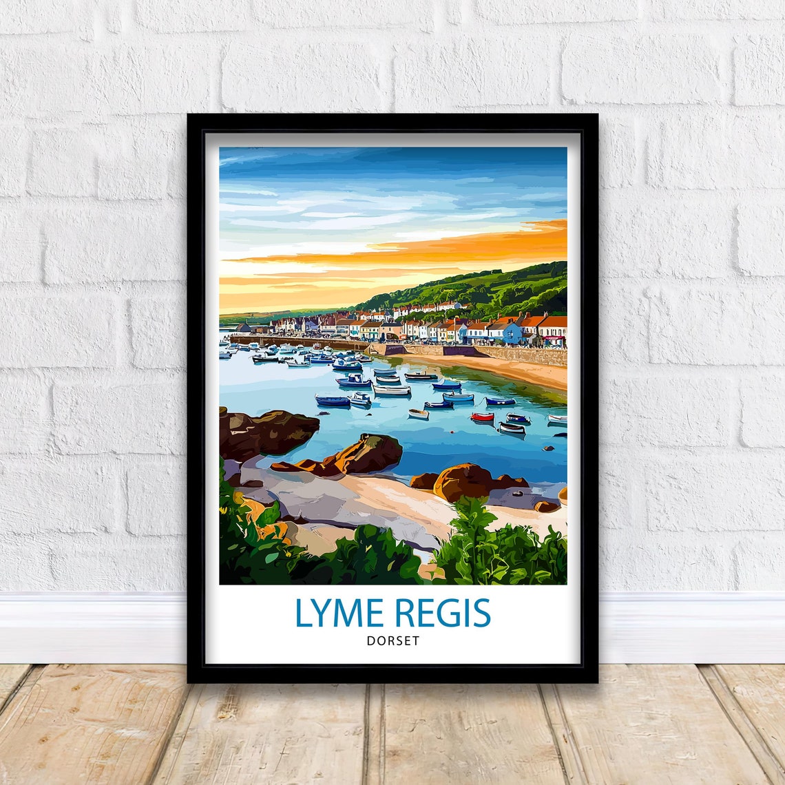 Lyme Regis Dorset Harbor Boats Sunset Coastal England Travel Poster