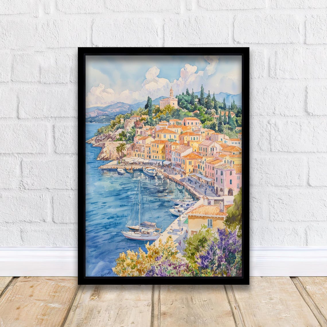 Corfu Old Town Watercolor Art Print, Greece Decor