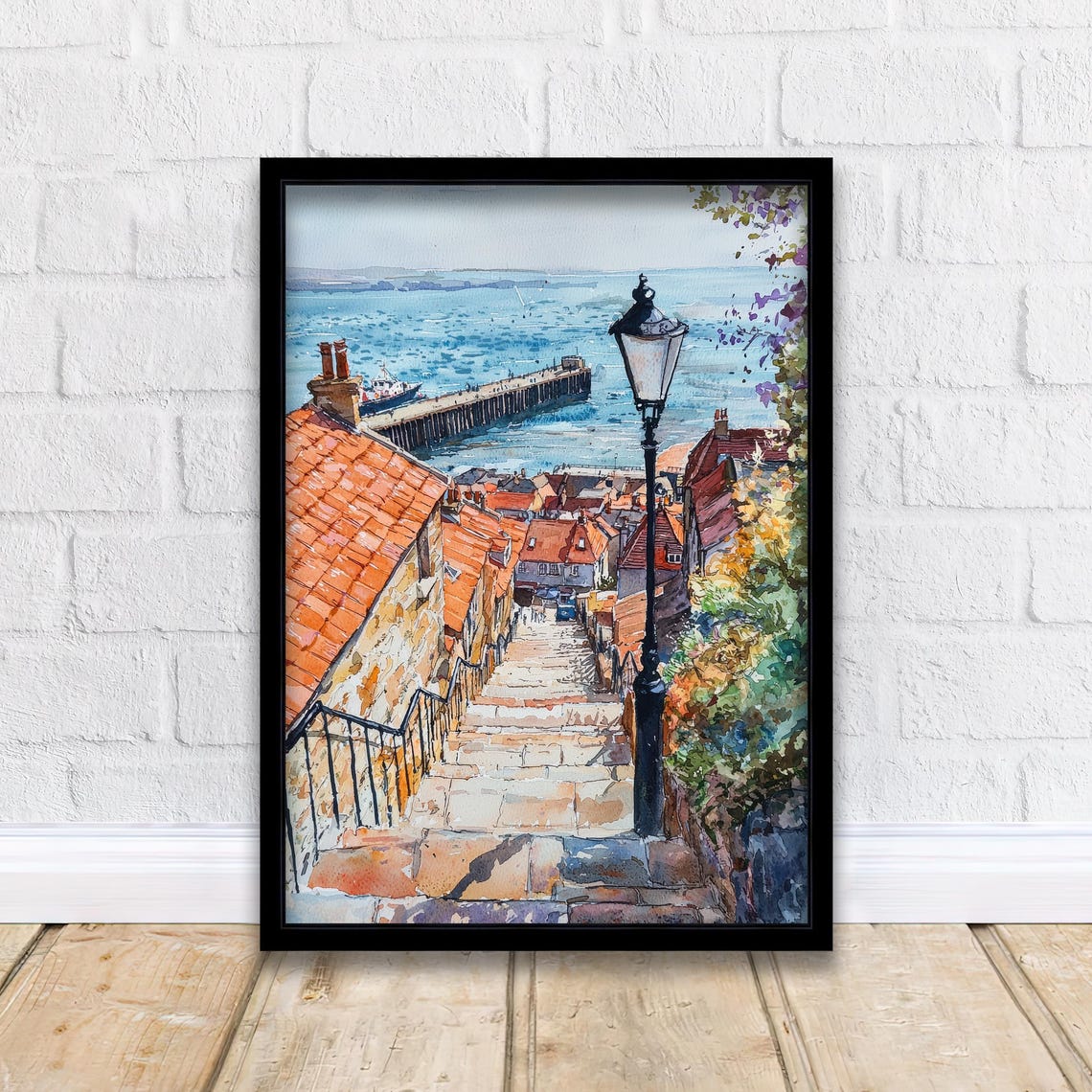 Whitby Watercolor 199 Steps Harbor Pier Yorkshire Coast Poster