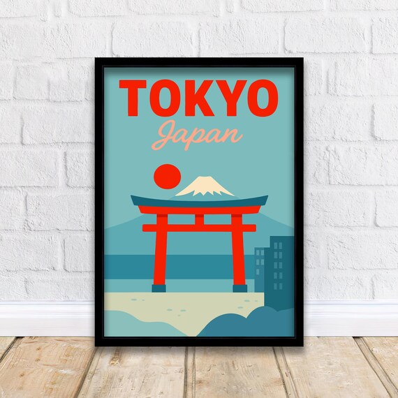 Tokyo Japan Vintage Travel Torii Gate Mount Fuji Retro Poster