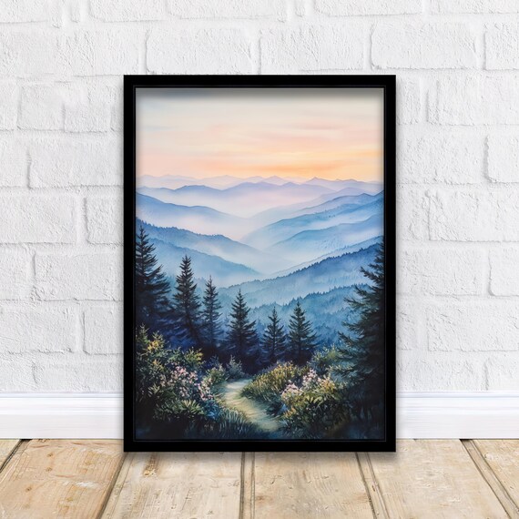 Smoky Mountains Sunrise Mist Layers Watercolor Travel Poster