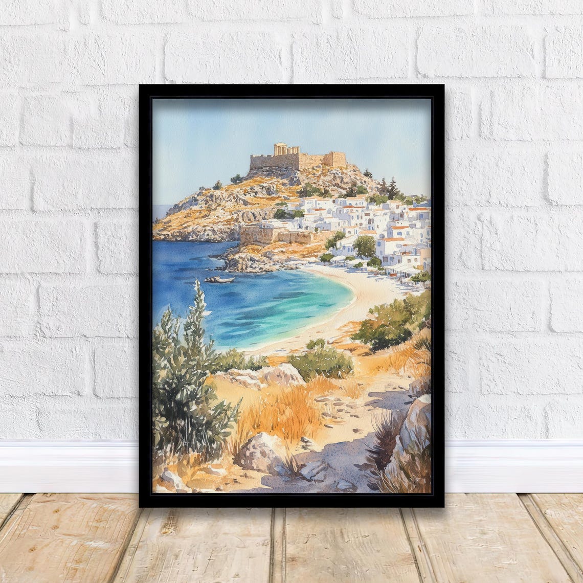 Rhodes Greece Watercolor Lindos Acropolis Bay White Town Poster