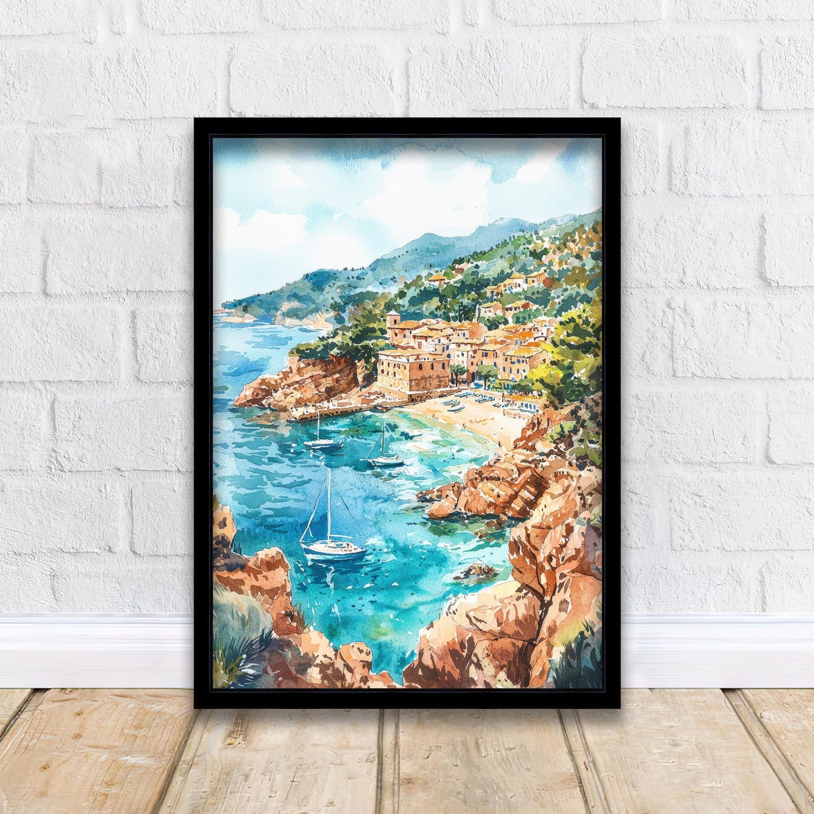Mallorca Spain Coastal Cove Watercolor Sailboats Mediterranean Poster