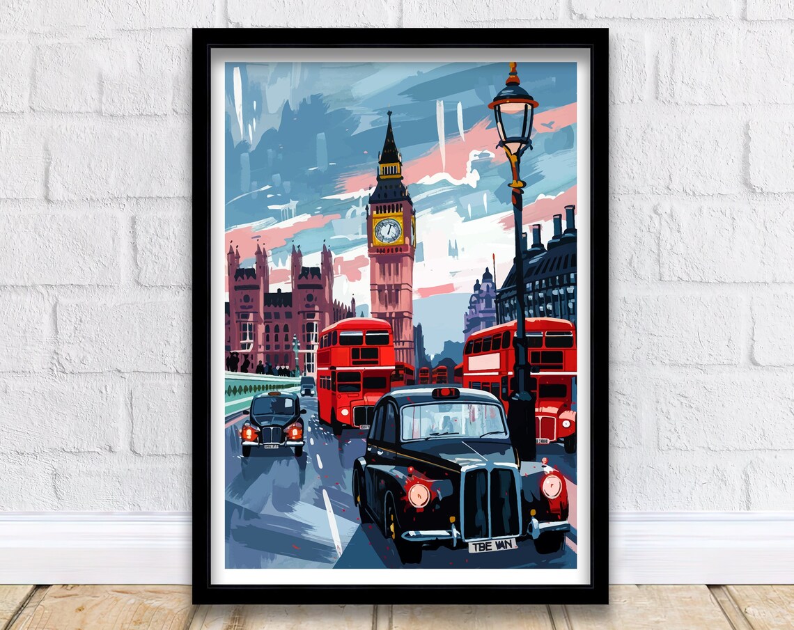 London Big Ben Red Buses Black Taxis Evening City Street Travel Poster