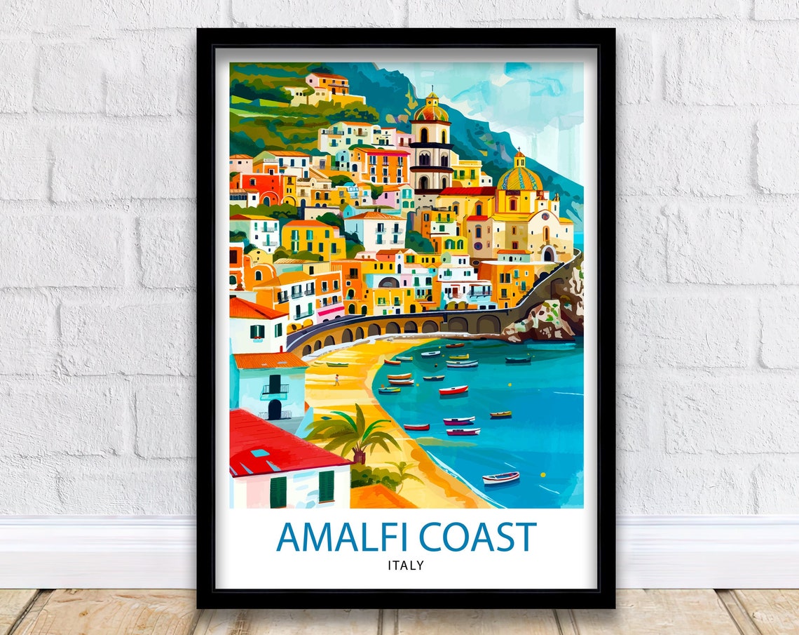 Amalfi Coast Italy Cliffside Town Beach Boats Vintage Travel Poster