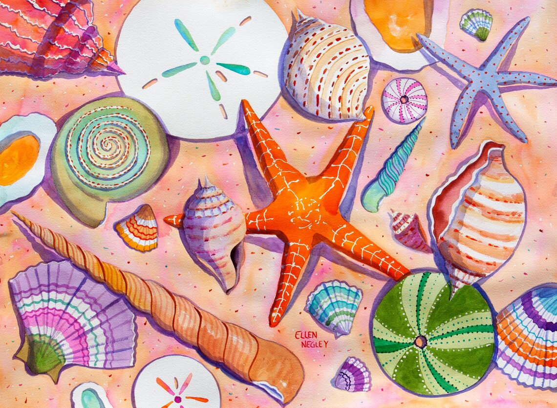 Ellen Negley Florida Seashell and Starfish Art Print