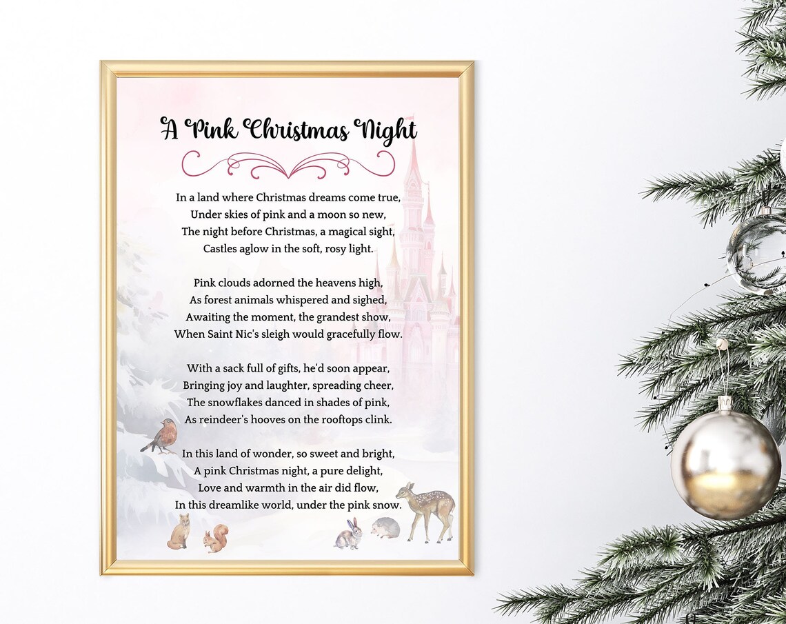 A Pink Christmas Night Poem Castle Woodland Holiday Art Poster