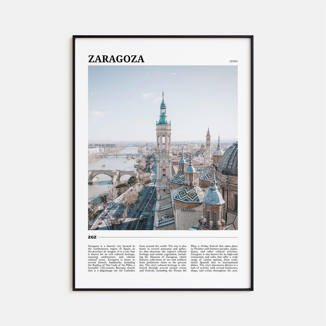 Zaragoza Spain Aerial Basilica Towers Ebro River Bridge Travel Poster