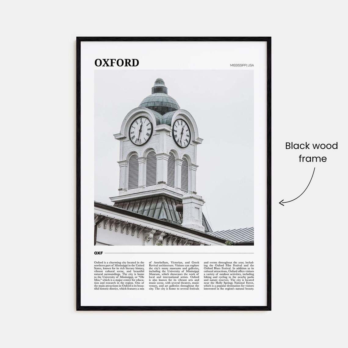 Oxford Mississippi USA Historic Clock Tower Black and White Poster - Image 2