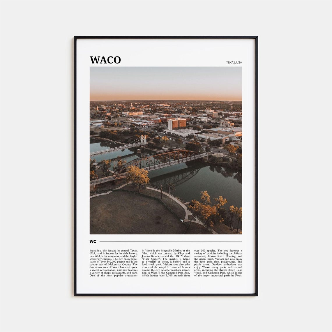 Waco Texas Brazos River Bridge Sunset Aerial Photography Poster