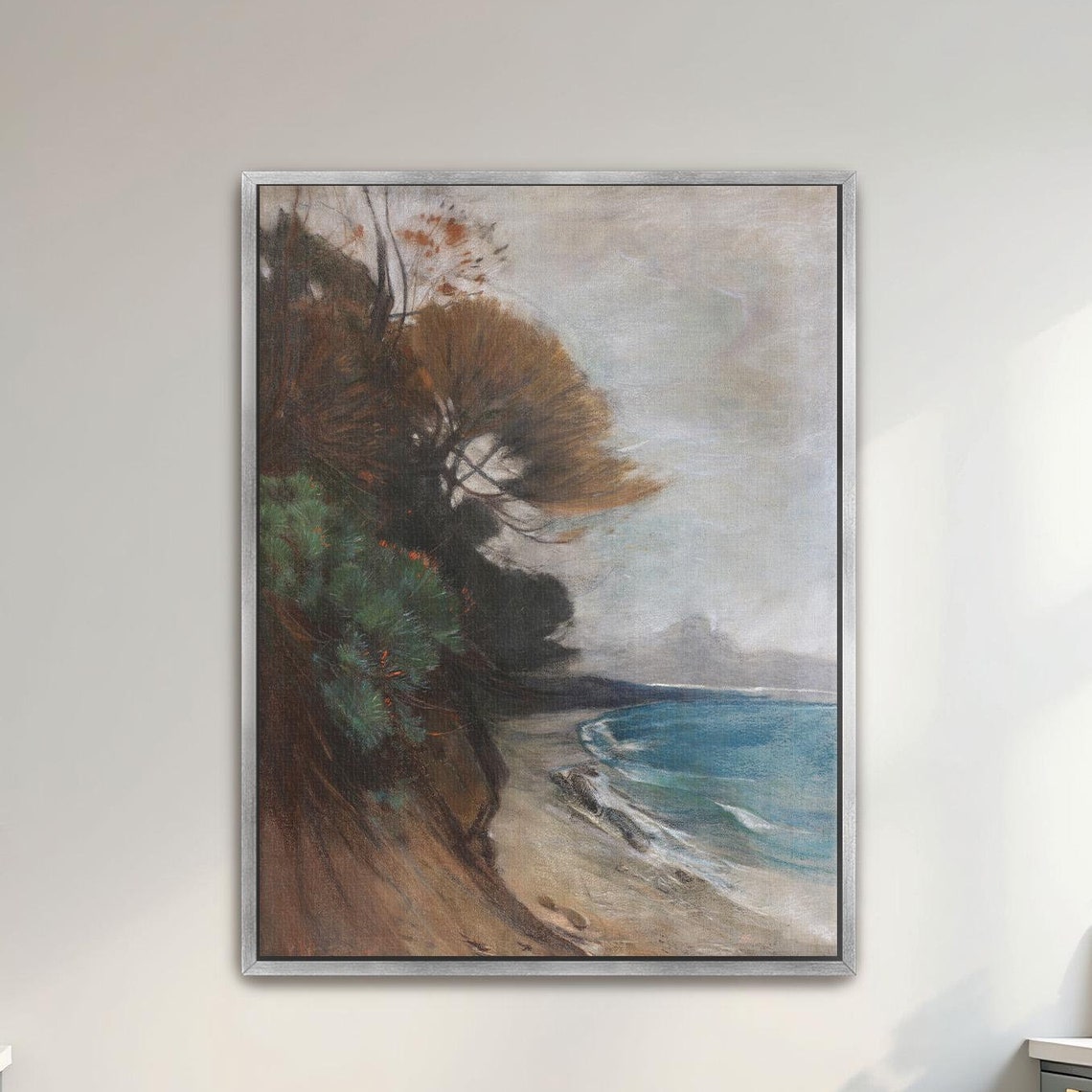 Windswept Pines Above a Turquoise Coastal Cove Seascape Poster