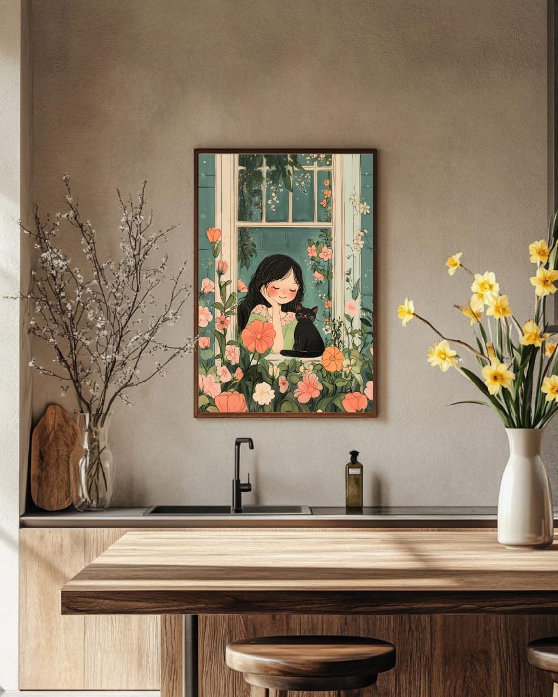 Coquette Girl With Black Cat in Blooming Window Folk Art Poster - Image 4