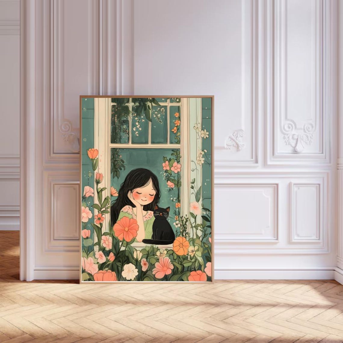 Coquette Girl With Black Cat in Blooming Window Folk Art Poster - Image 5