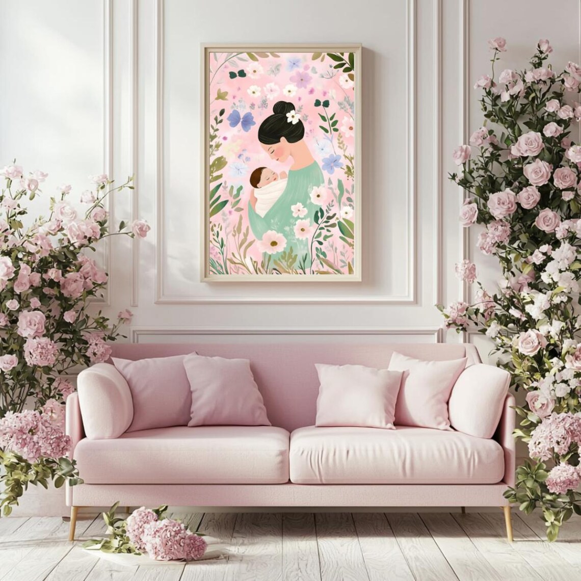 Tender Mother Kissing Newborn Amid Pastel Floral Nursery Art Poster - Image 3