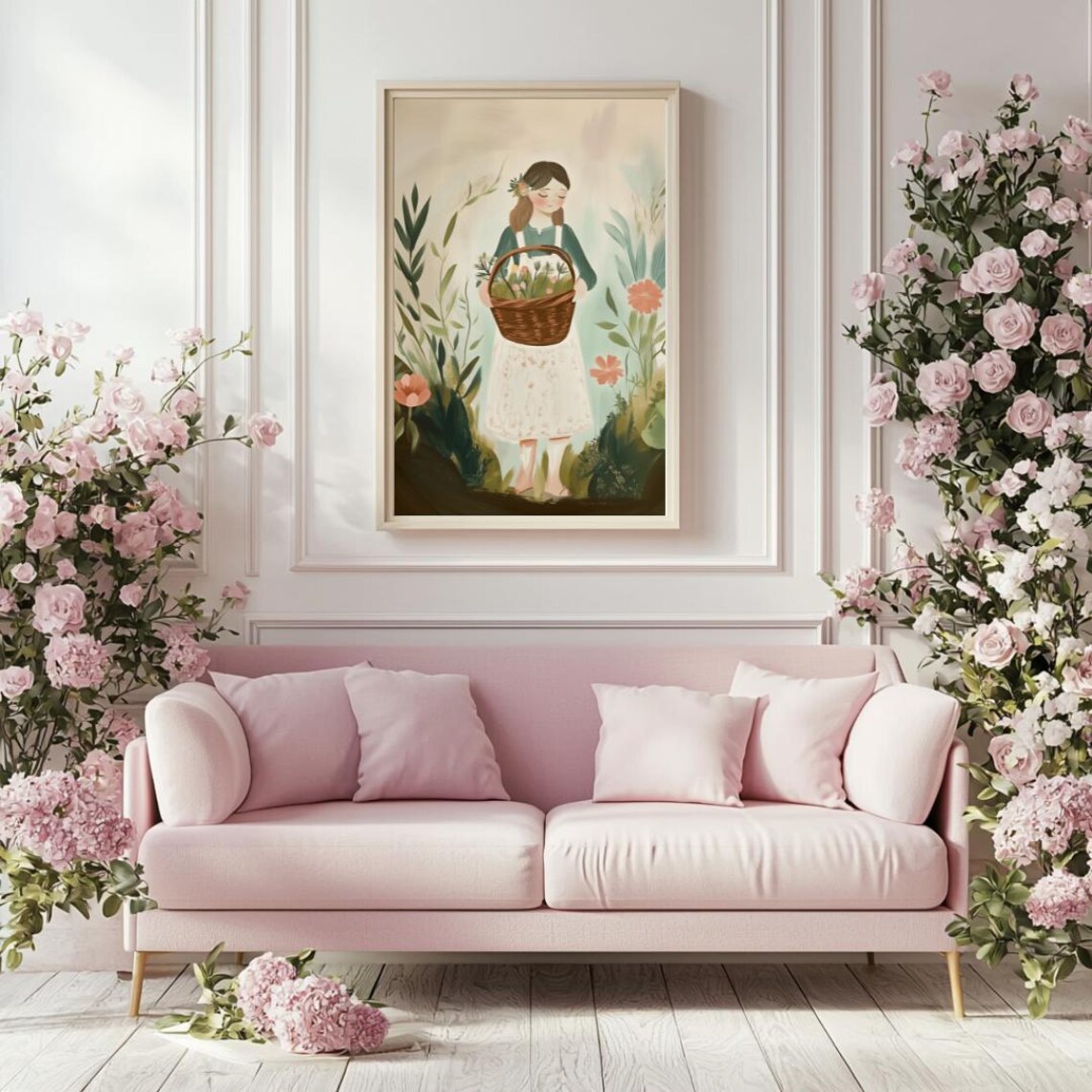 Smiling Girl Holding Flower Basket in Lush Garden Folk Art Poster - Image 5