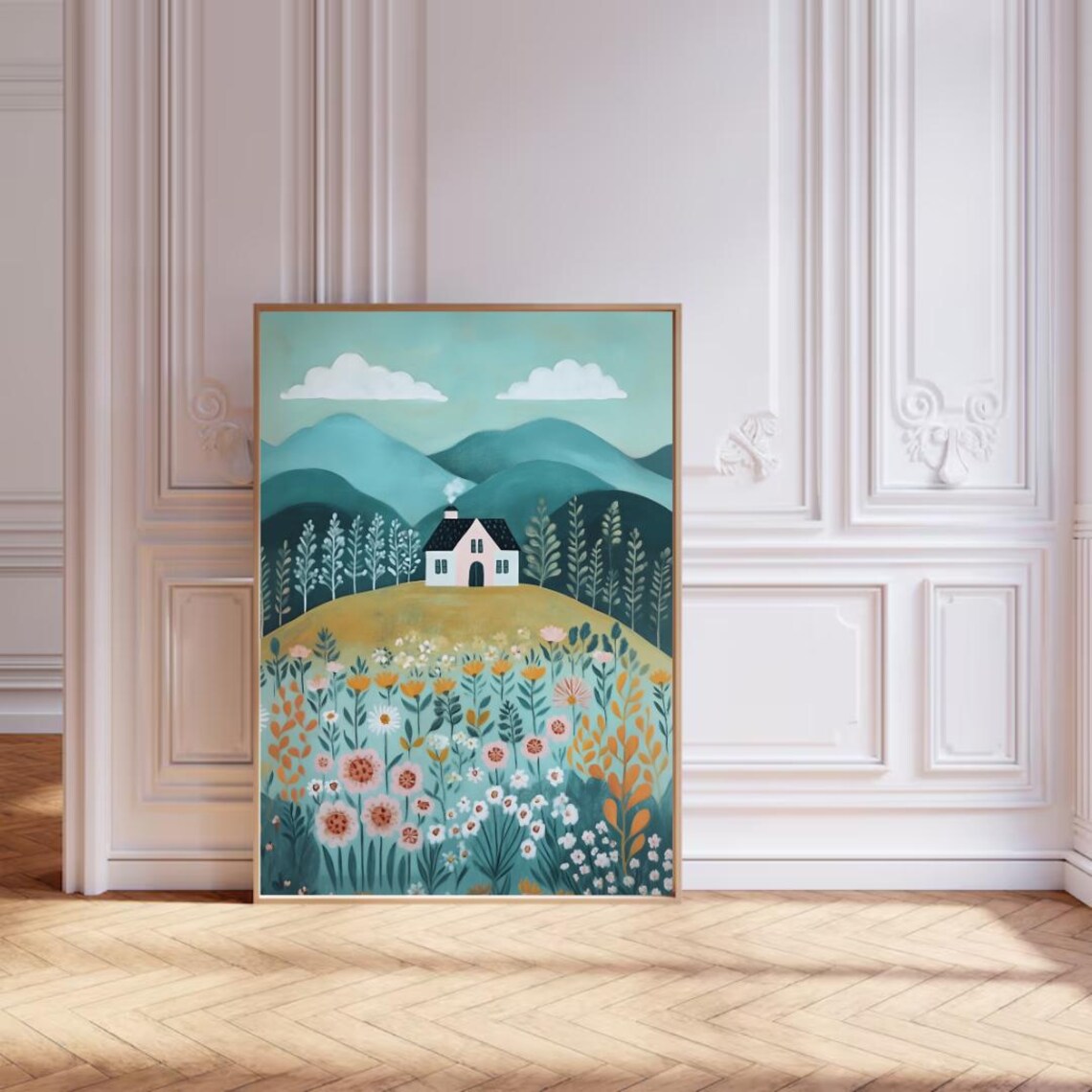 Cozy Little Cottage on Green Hill Among Wildflowers Folk Art Poster - Image 5
