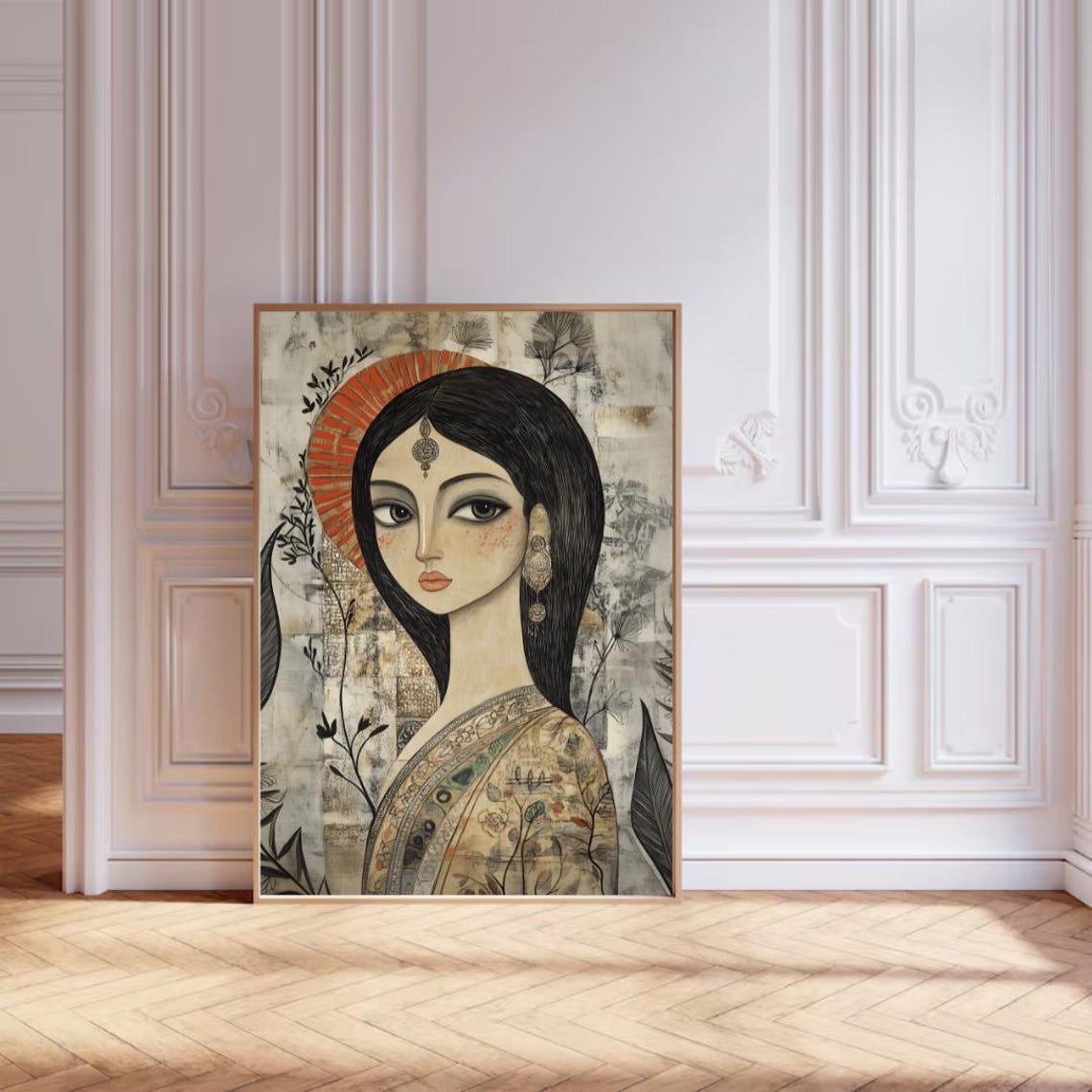 Elegant Indian Woman Portrait in Sari Traditional Folk Art Poster - Image 4