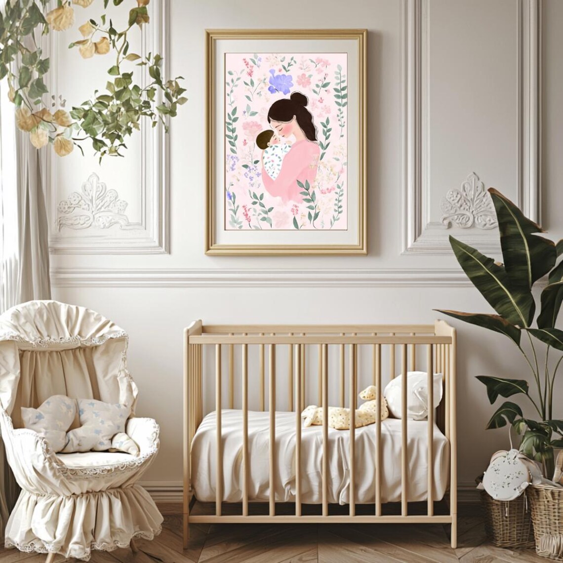 Sweet Mother Kissing Baby Among Wildflowers Pink Floral Art Poster - Image 5