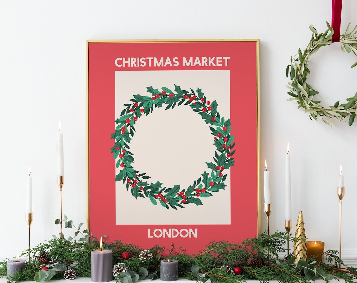 London Christmas Market Holly Berry Wreath Holiday Travel Poster