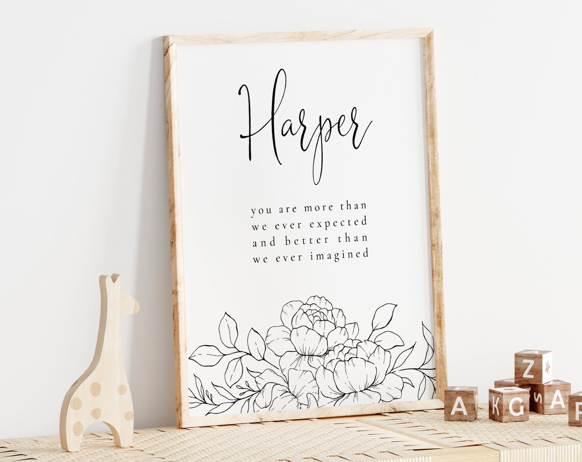 Harper Personalized Name Sign Poster Black Floral Line Baby Room Decor