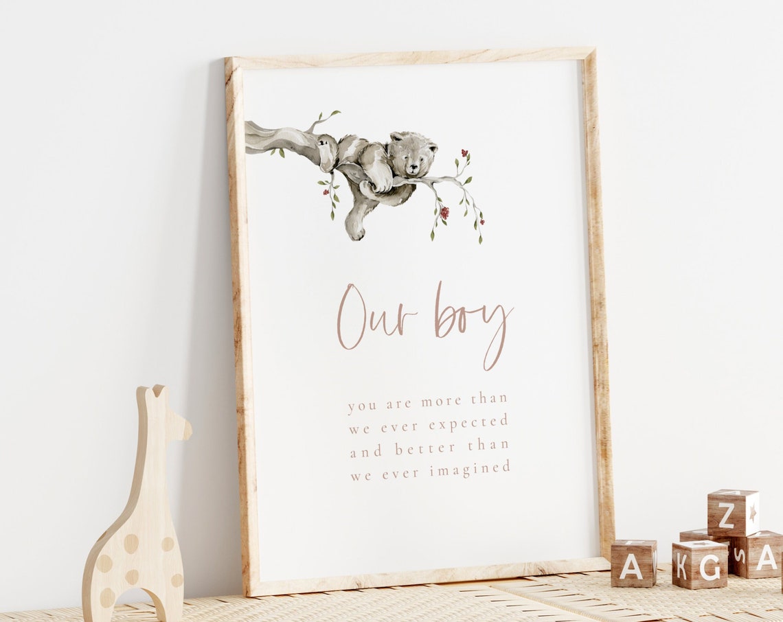 Our Boy Woodland Bear Nursery Poster Cute Baby Room Quote Wall Decor