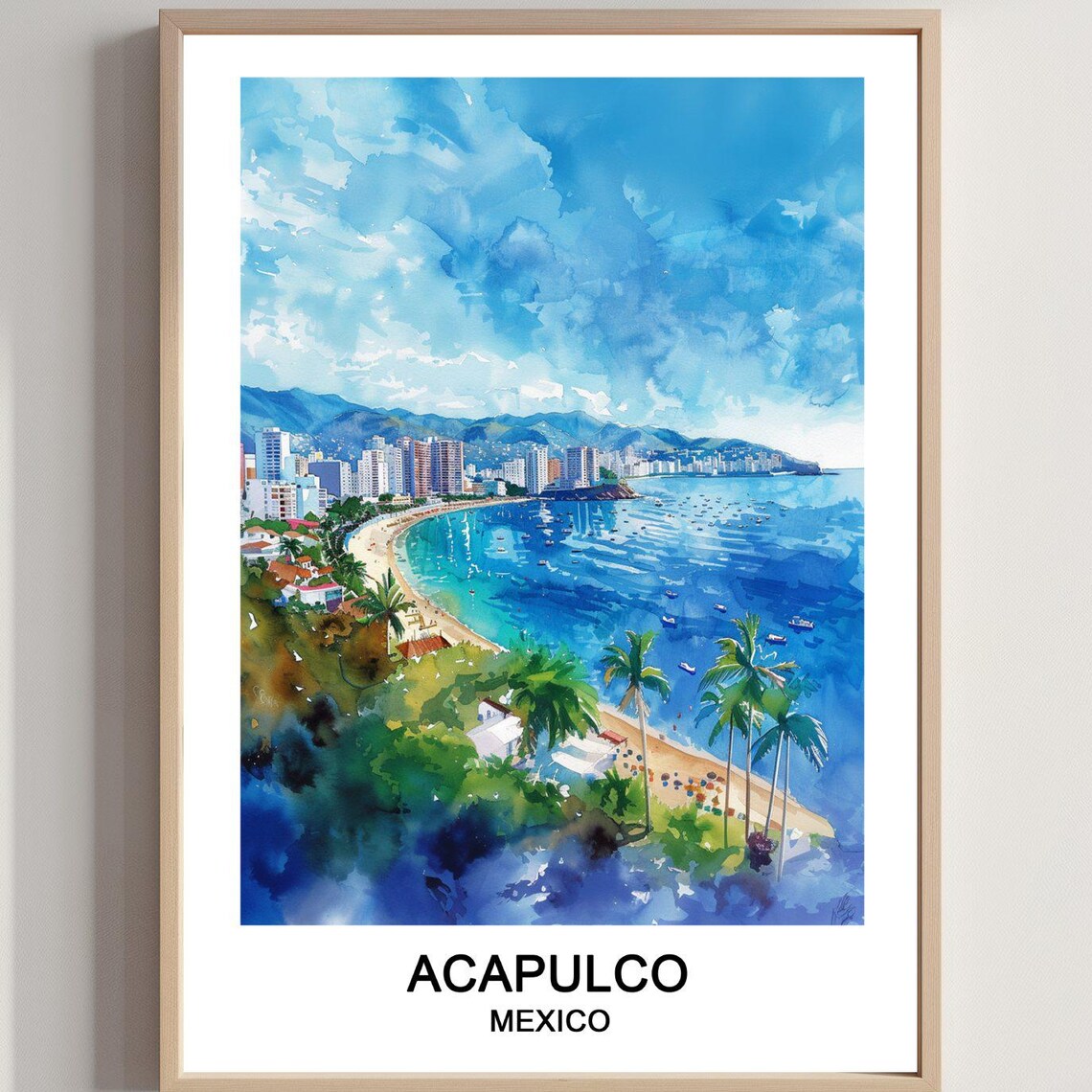 Acapulco Mexico Bay Watercolor Beach Palms Resort Travel Poster