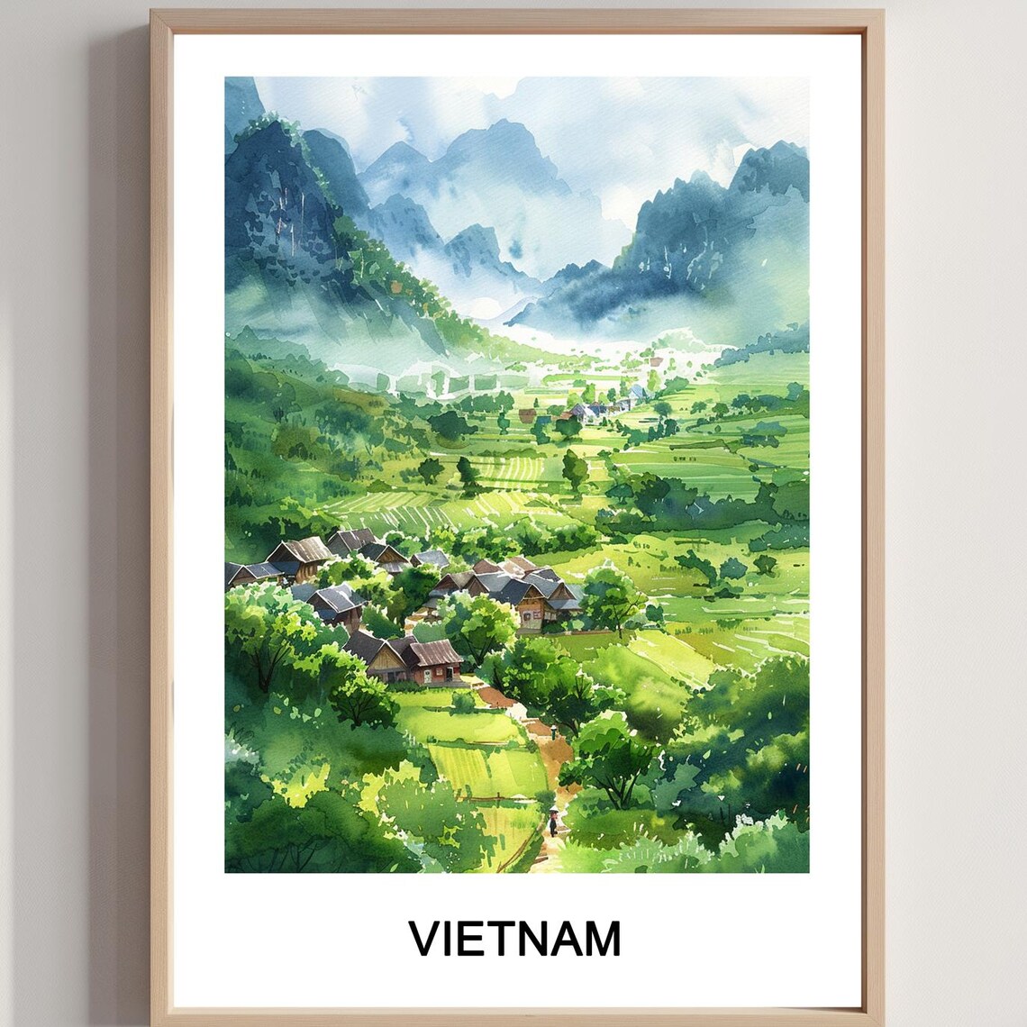 Vietnam Terraced Rice Fields Village Watercolor Travel Poster