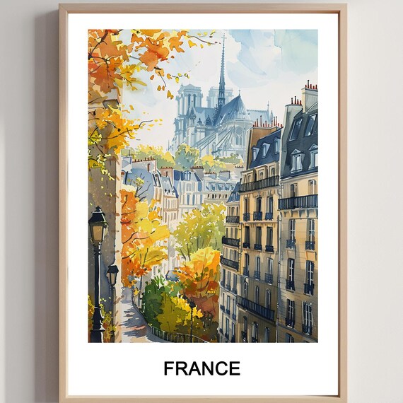 Paris France Watercolor Cityscape Travel Poster