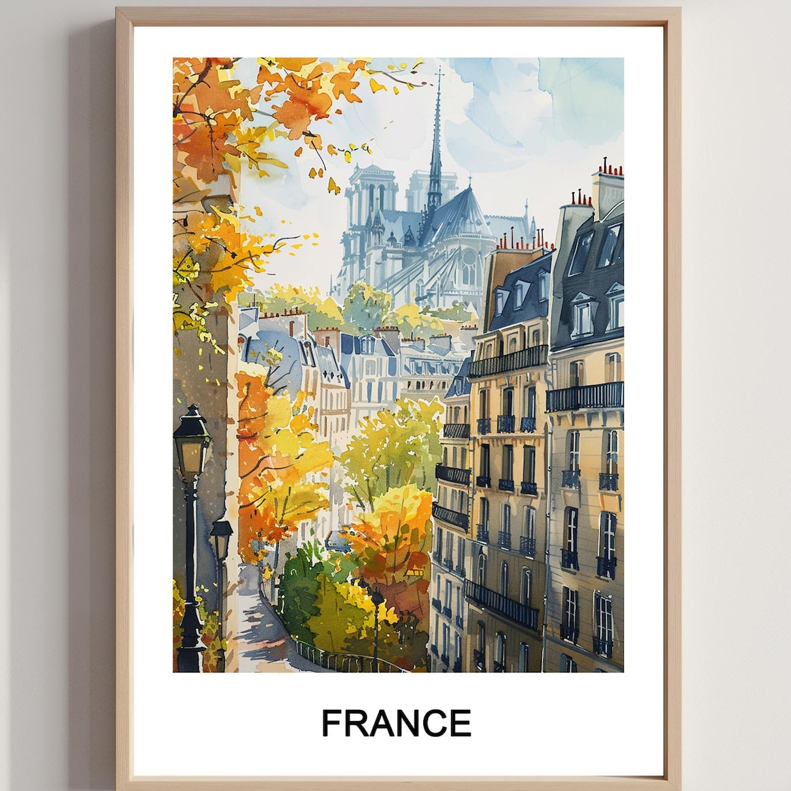 Paris France Autumn Street Historic Church Watercolor Travel Poster