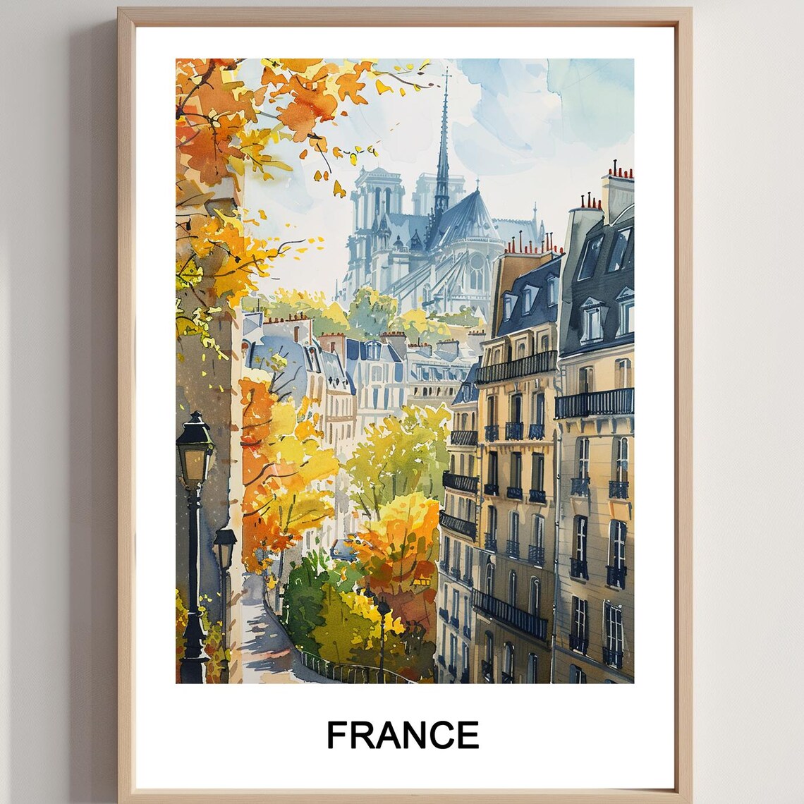 Paris France Watercolor Cityscape Travel Poster