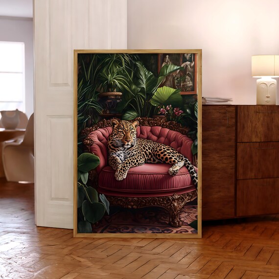 Leopard On Pink Sofa Poster Wall Art Maximalist Decor Jungle Tiger Print Vibrant Prints Optional Frame