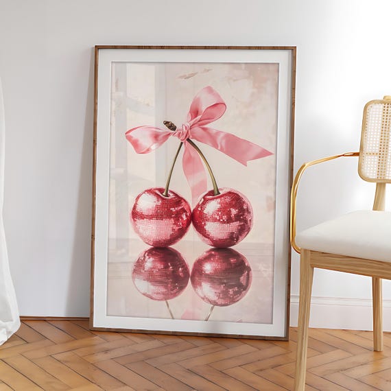 Cherry Disco Ball Wall Art Ribbon Mirrorball Print Poster Pink Girly Trendy Retro Prints File
