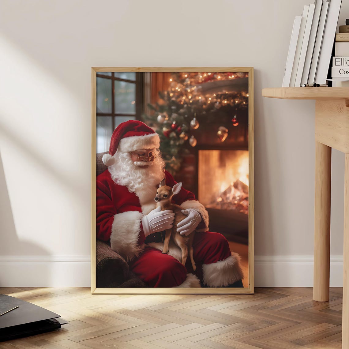 Santa Claus Holding Baby Reindeer Fireplace Cozy Christmas Poster