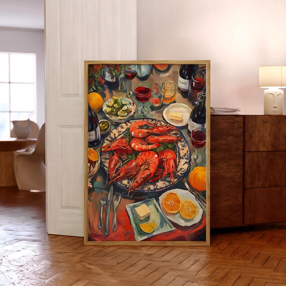 Vintage Seafood Shrimp Plate With Wine Dinner Table Art Poster