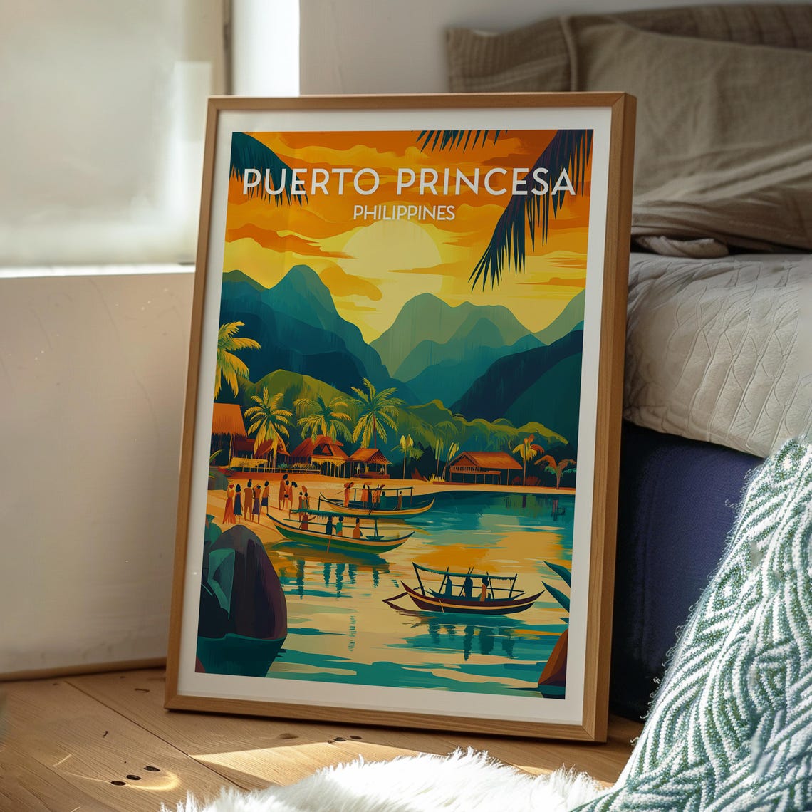 Puerto Princesa Philippines Sunset Bay Boats Palawan Travel Poster - Image 3