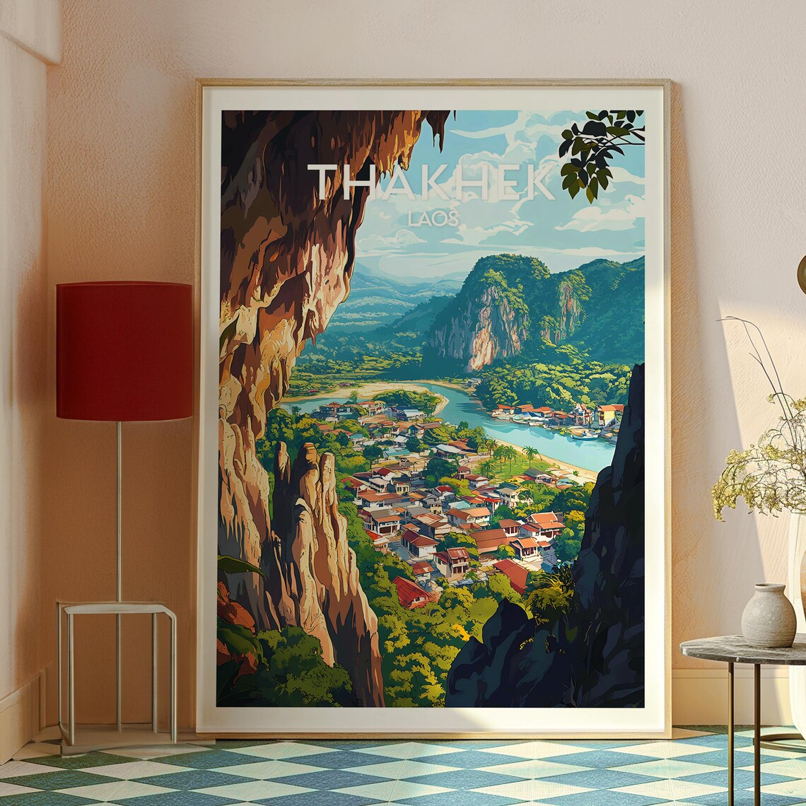 Thakhek Laos Cliff Viewpoint Mekong River Town Vintage Travel Poster - Image 2