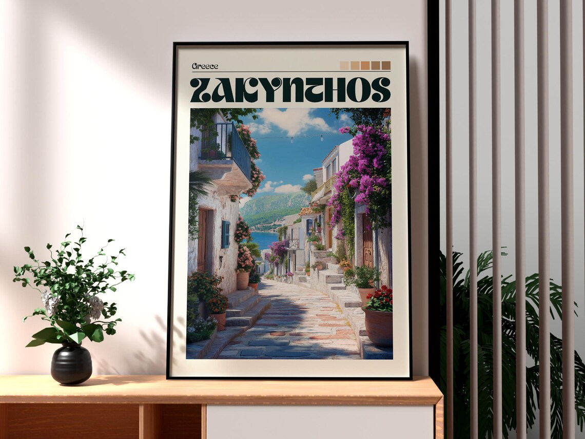 Zakynthos Greece Flowered Old Town Steps Seaside Travel Poster