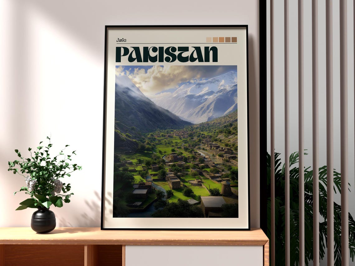 Pakistan Asia Snowy Mountain Valley Village Green Fields Travel Poster