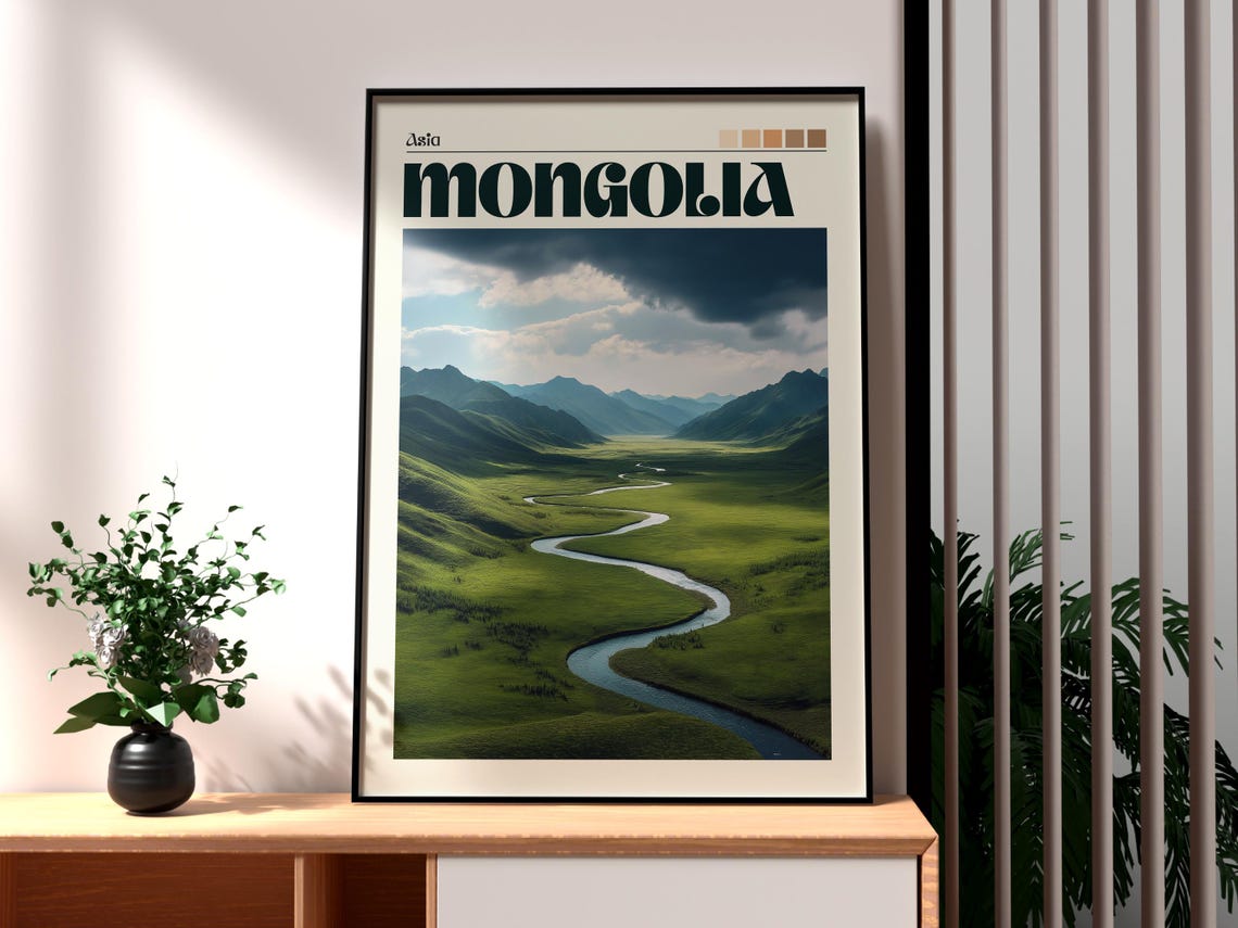 Mongolia Asia Winding River Green Valley Mountain View Poster