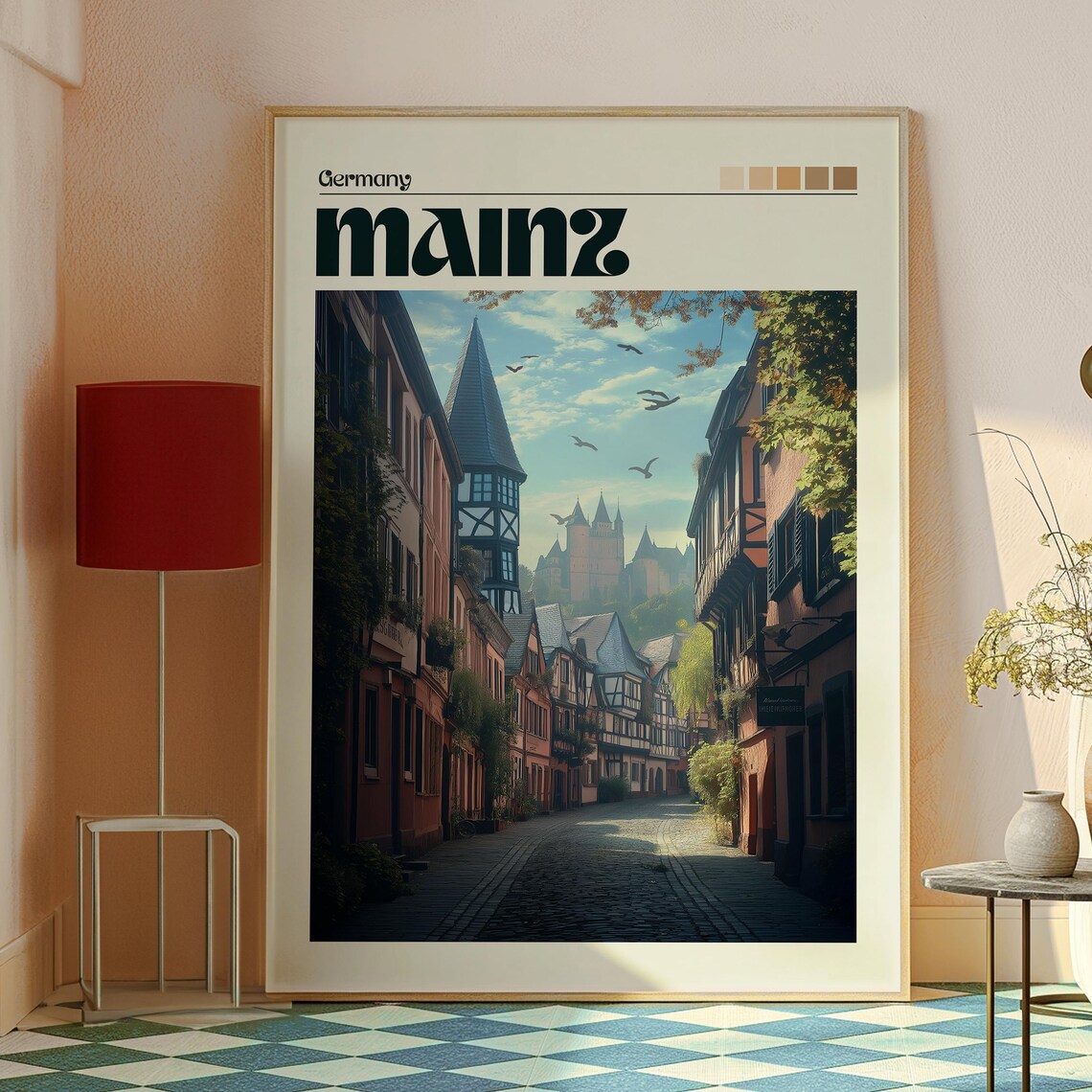 Mainz Germany Half Timbered Old Street Castle Hill Birds Travel Poster - Image 2
