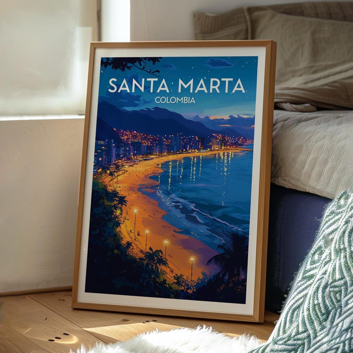 Santa Marta Colombia Night Bay City Lights Beach Illustration Poster - Image 3