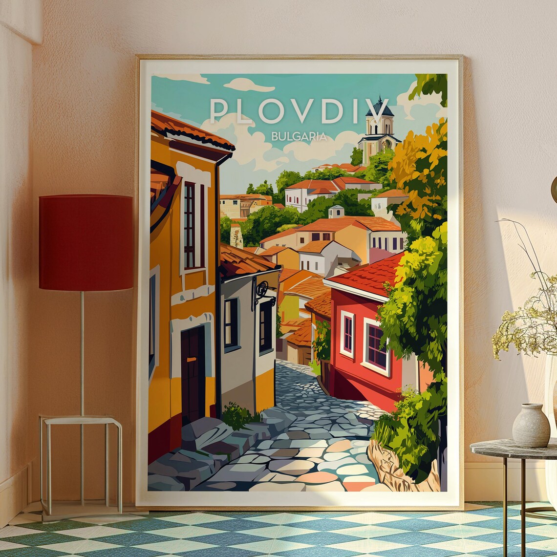 Plovdiv Bulgaria Cobblestone Old Town Lane and Church Poster - Image 2