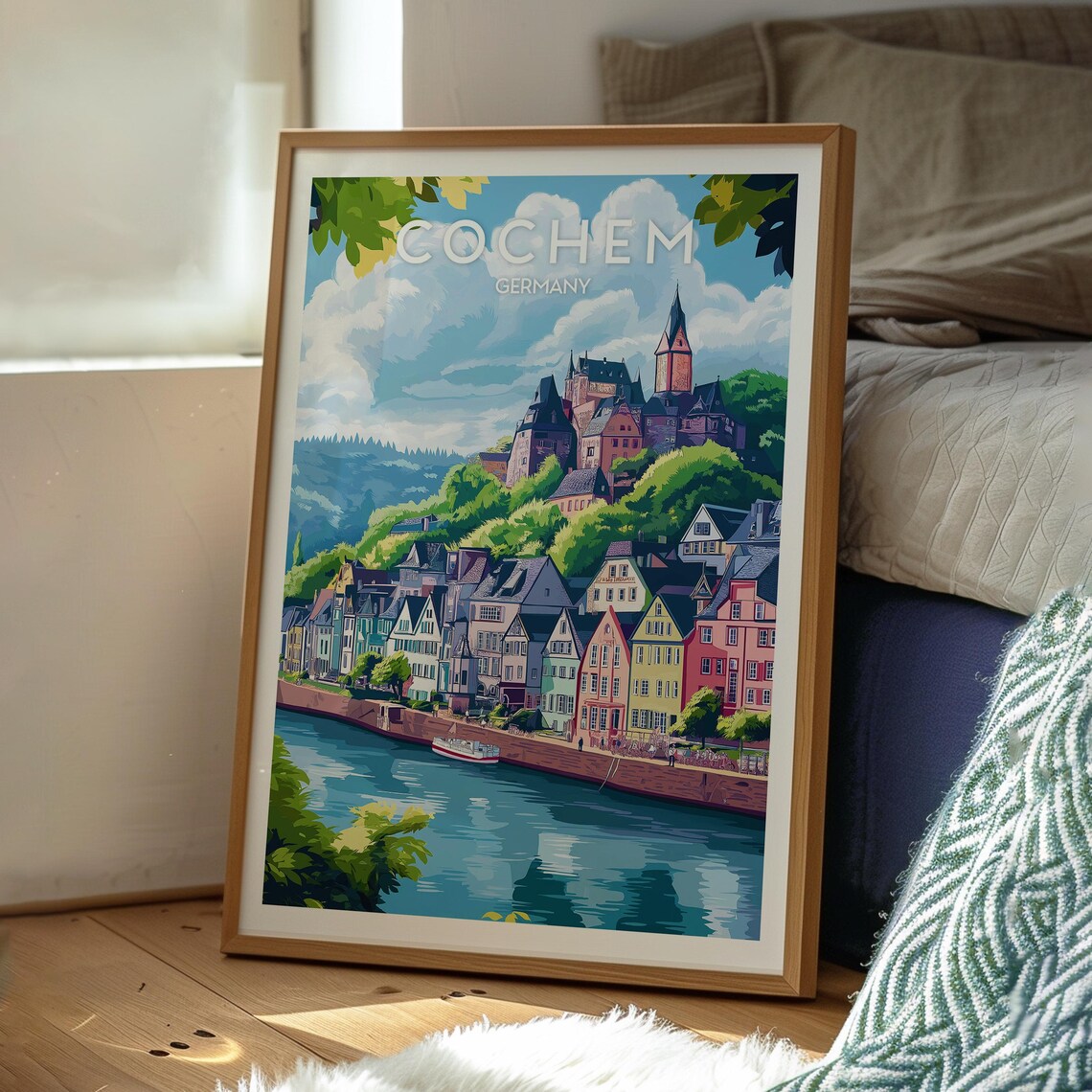 Retro Cochem Germany Hilltop Castle River Village Travel Poster - Image 3