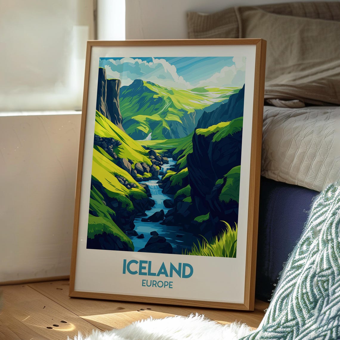Iceland Green Canyon Waterfall River Valley Landscape Art Poster - Image 3