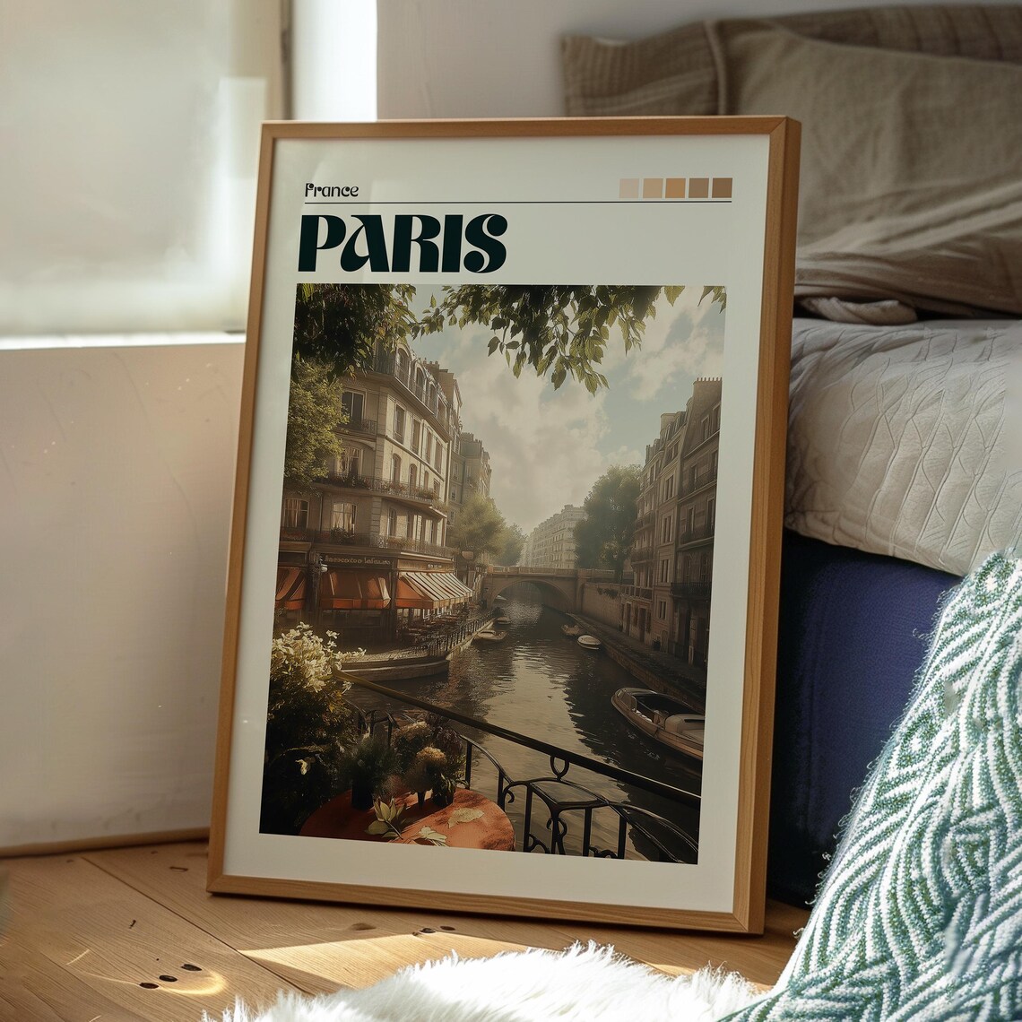 Paris France Canal Street Cafe Historic Buildings Sunny Travel Poster - Image 3