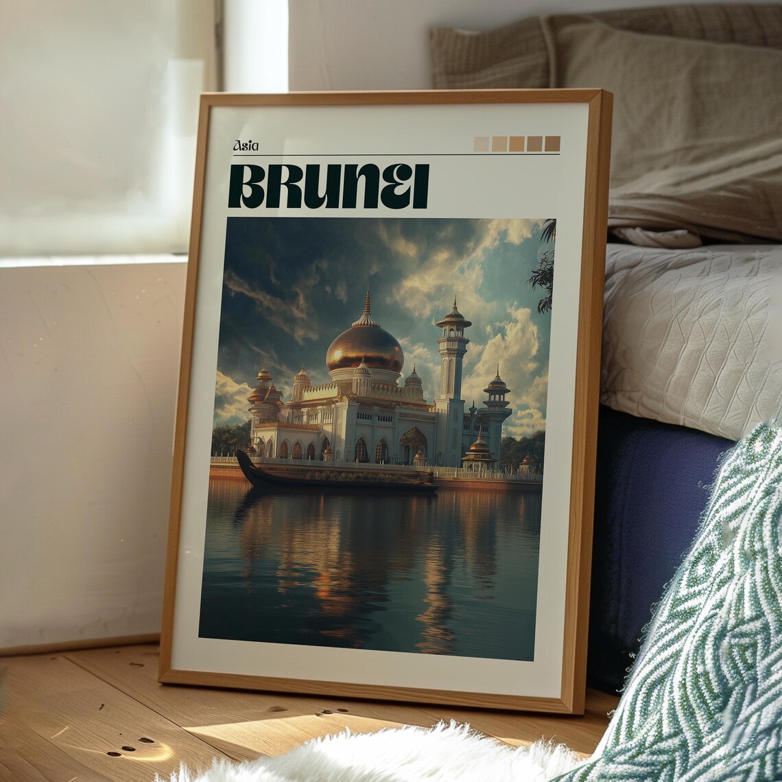 Brunei Golden Dome Mosque On Water Retro Vintage Travel Poster Art - Image 3