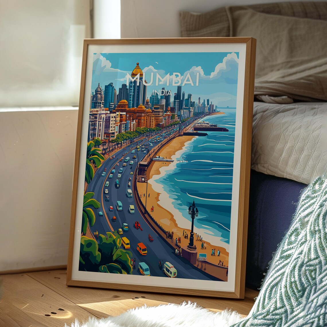 Mumbai India Curving Waterfront City Skyline Retro Travel Poster - Image 3