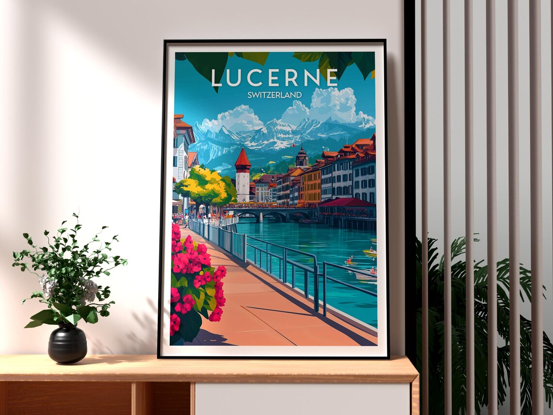 Lucerne Switzerland Chapel Bridge Lake Mountain View Travel Poster