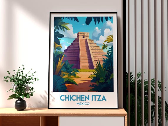 Chichen Itza Print Mexico Wall Art Wonder Of The World Travel Poster Mayan Temple